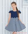 子供服 女の子 日本製綿100％ボーダー柄切り替えワンピース ネイビー(06) モデル画像1