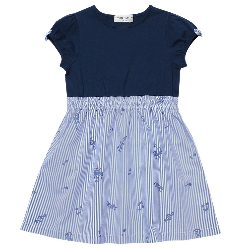 子供服 女の子 リボン付きストライプ×音符柄ドッキングワンピース ネイビー(06) 正面