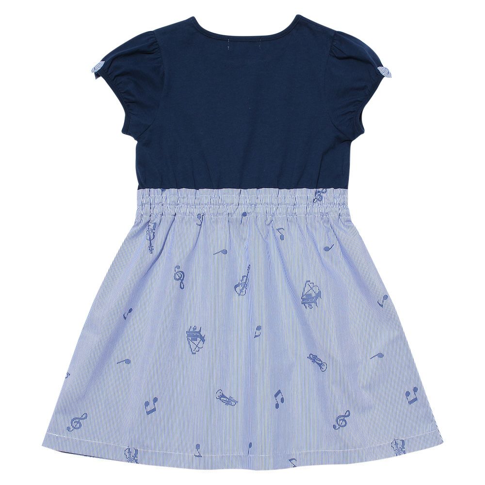 子供服 女の子 リボン付きストライプ×音符柄ドッキングワンピース ネイビー(06) 背面