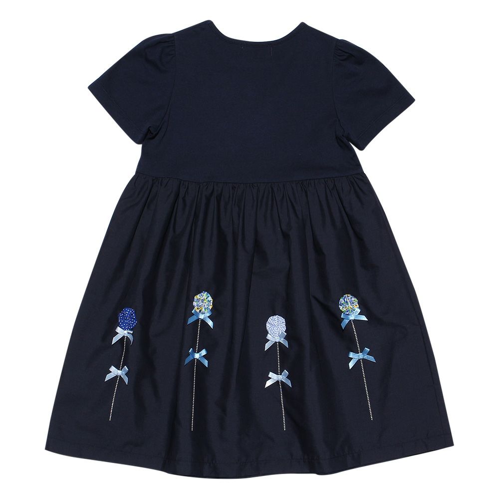 子供服 女の子 花モチーフ＆リボンつきワンピース ネイビー(06) 背面
