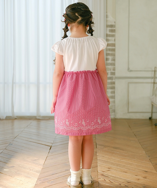子供服 女の子 ストライプ柄音符プリント襟付きドッキングワンピース