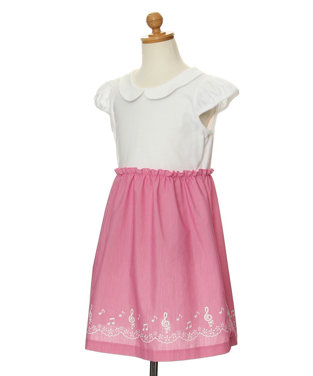 子供服 女の子 ストライプ柄音符プリント襟付きドッキングワンピース ピンク(02) トルソー斜め