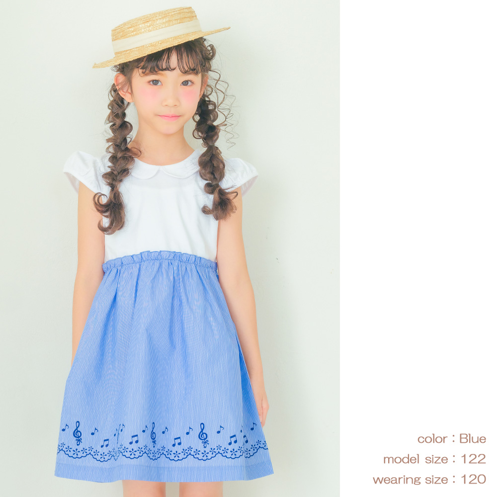 子供服 女の子 ストライプ柄音符プリント襟付きドッキングワンピース ピンク(02) デザインポイント2