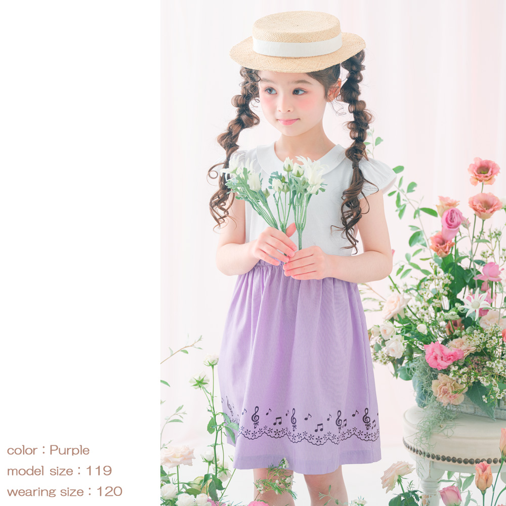 子供服 女の子 ストライプ柄音符プリント襟付きドッキングワンピース ピンク(02) モデル画像アップ