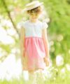子供服 女の子 ストライプ柄音符プリント襟付きドッキングワンピース ピンク(02) モデル画像アップ
