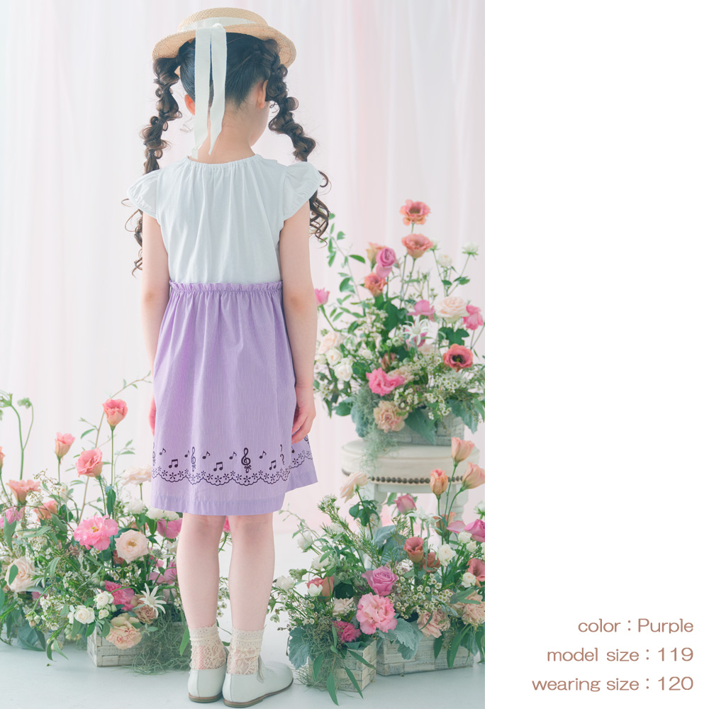 子供服 女の子 ストライプ柄音符プリント襟付きドッキングワンピース ピンク(02) モデル画像全身