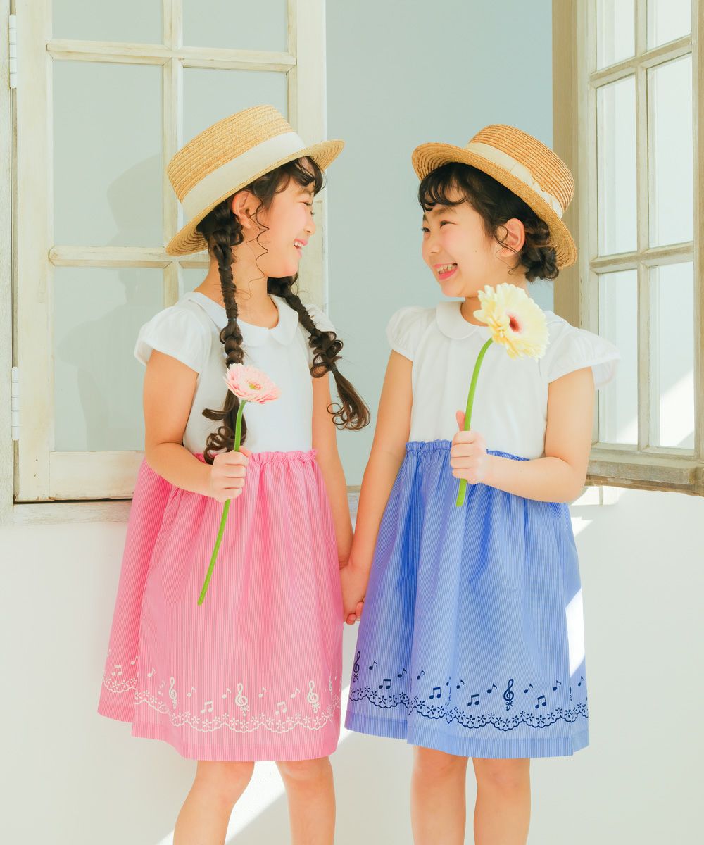 子供服 女の子 ストライプ柄音符プリント襟付きドッキングワンピース ピンク(02) モデル画像1