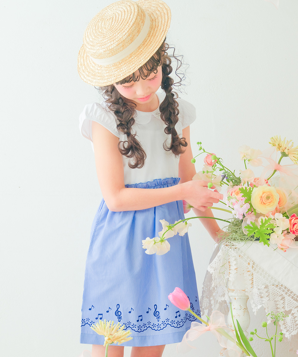 子供服 女の子 ストライプ柄音符プリント襟付きドッキングワンピース ブルー(61) トルソー正面