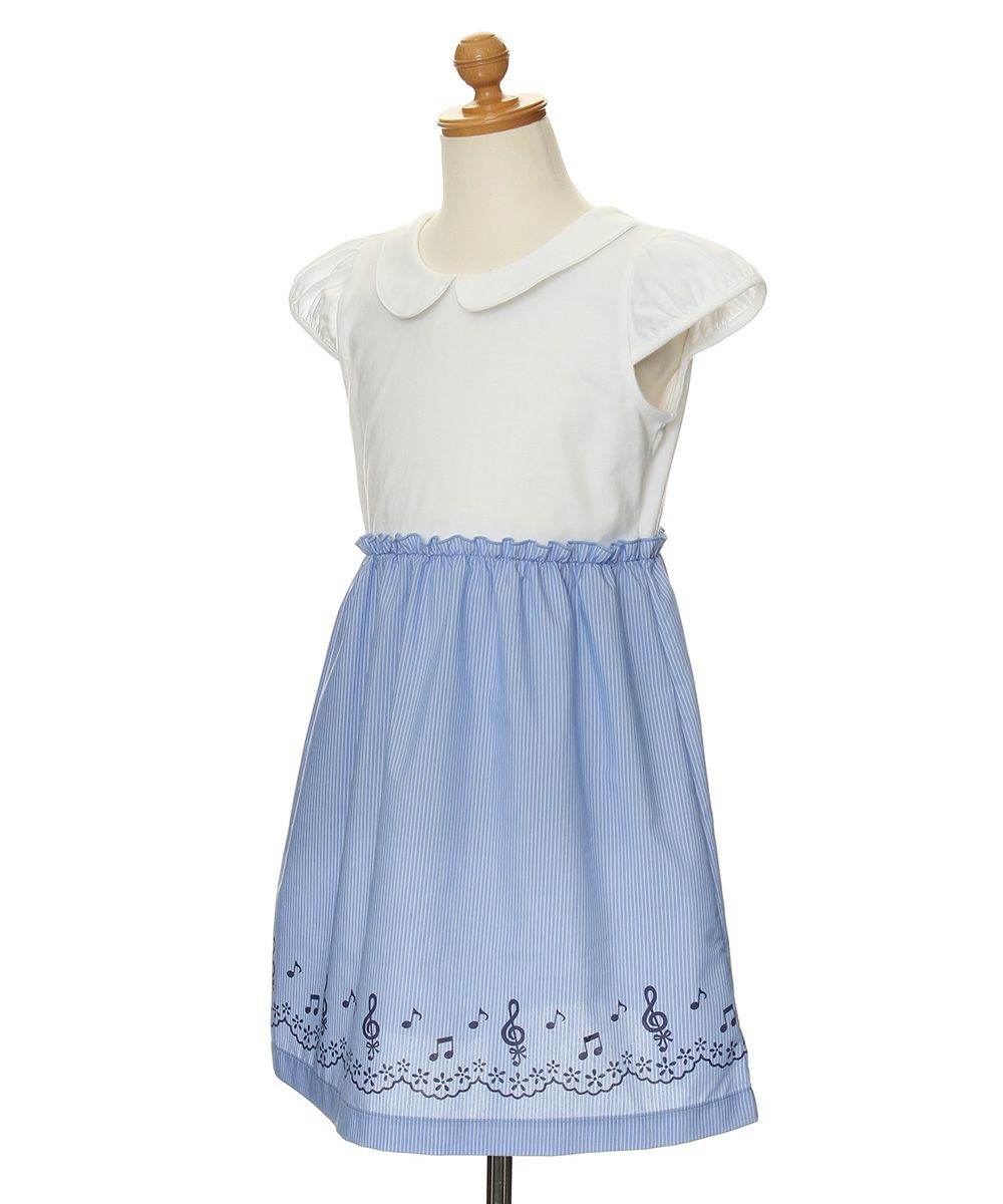 子供服 女の子 ストライプ柄音符プリント襟付きドッキングワンピース ブルー(61) トルソー斜め