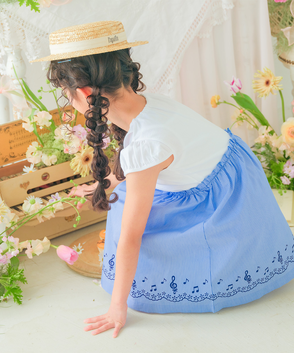 子供服 女の子 ストライプ柄音符プリント襟付きドッキングワンピース ブルー(61) トルソー斜め