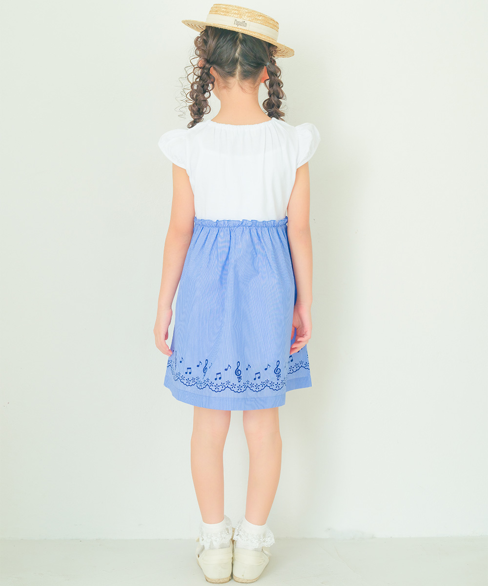 子供服 女の子 ストライプ柄音符プリント襟付きドッキングワンピース ブルー(61) 正面