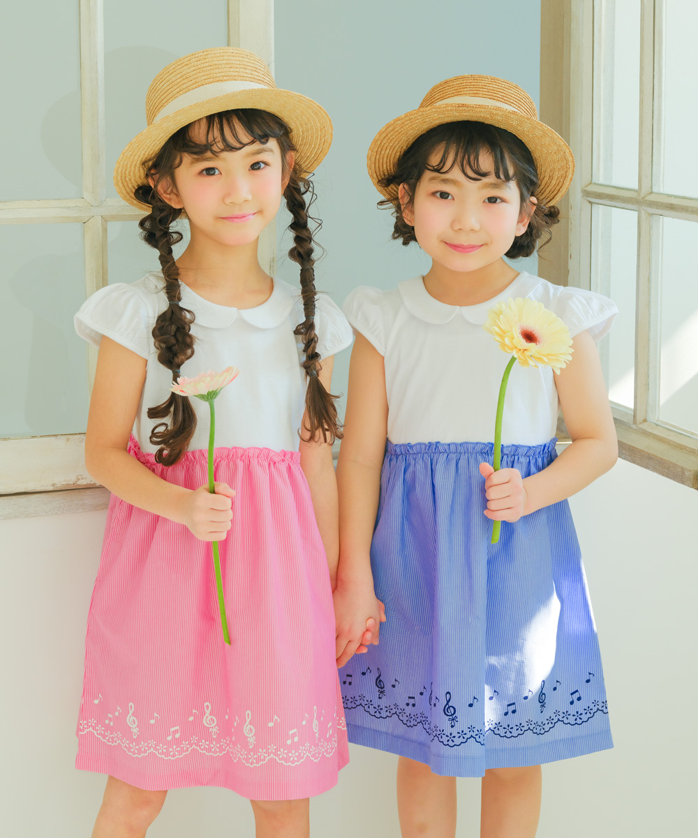子供服 女の子 ストライプ柄音符プリント襟付きドッキングワンピース ブルー(61) デザインポイント2