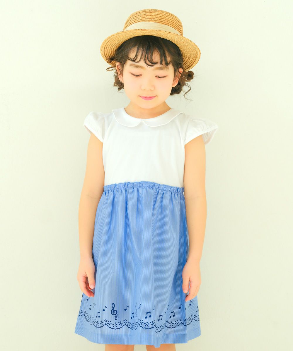 子供服 女の子 ストライプ柄音符プリント襟付きドッキングワンピース ブルー(61) 