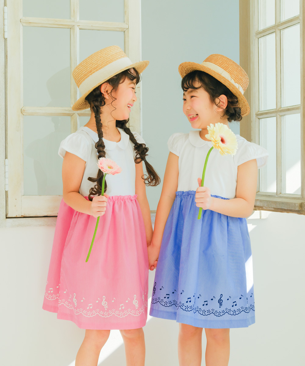 子供服 女の子 ストライプ柄音符プリント襟付きドッキングワンピース ブルー(61) 