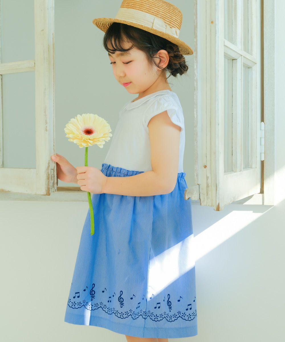 子供服 女の子 ストライプ柄音符プリント襟付きドッキングワンピース ブルー(61) 