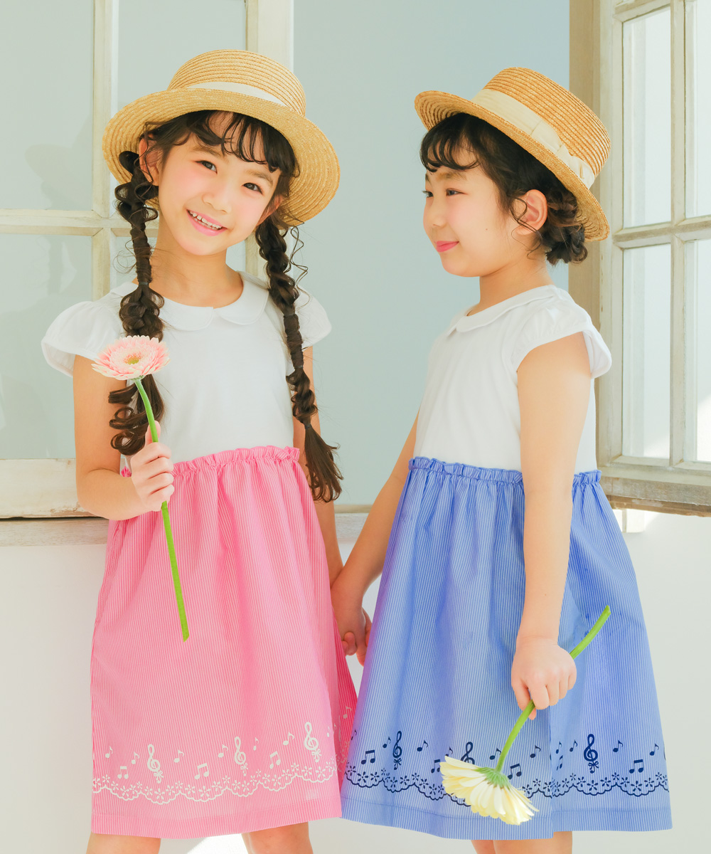 子供服 女の子 ストライプ柄音符プリント襟付きドッキングワンピース ブルー(61) 