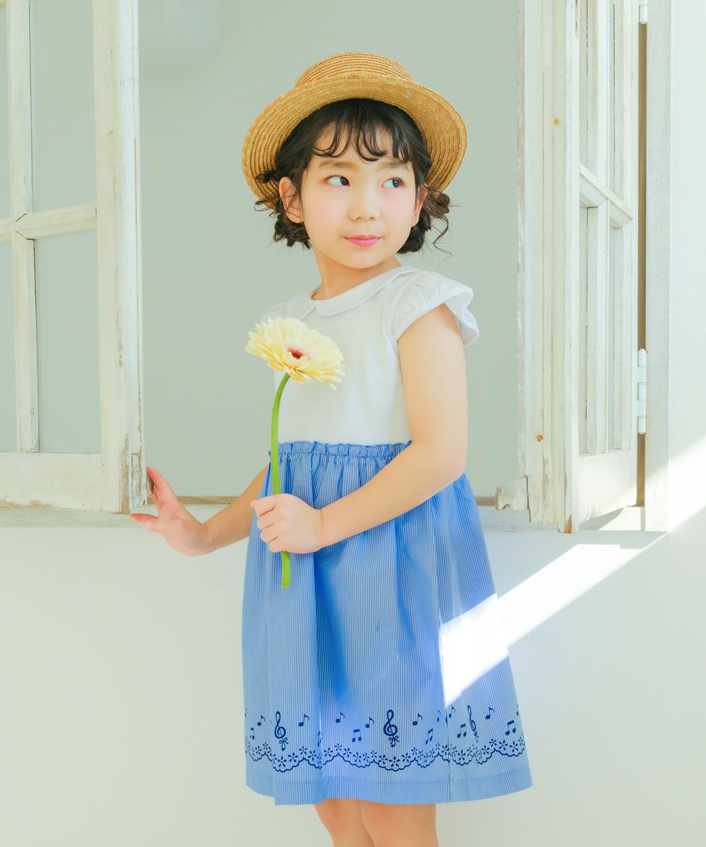 子供服 女の子 ストライプ柄音符プリント襟付きドッキングワンピース ブルー(61) 