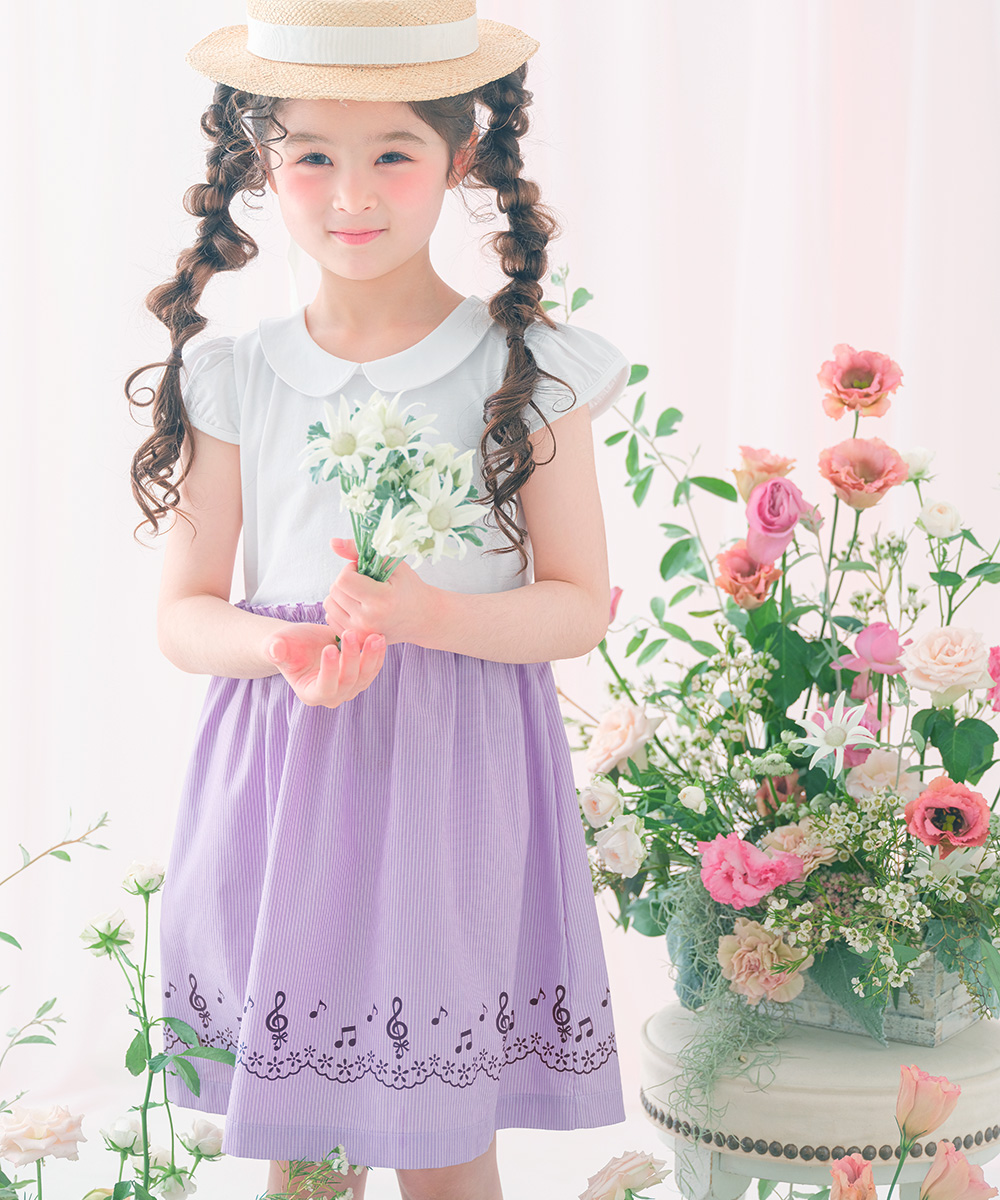 子供服 女の子 ストライプ柄音符プリント襟付きドッキングワンピース ブルー(61) 