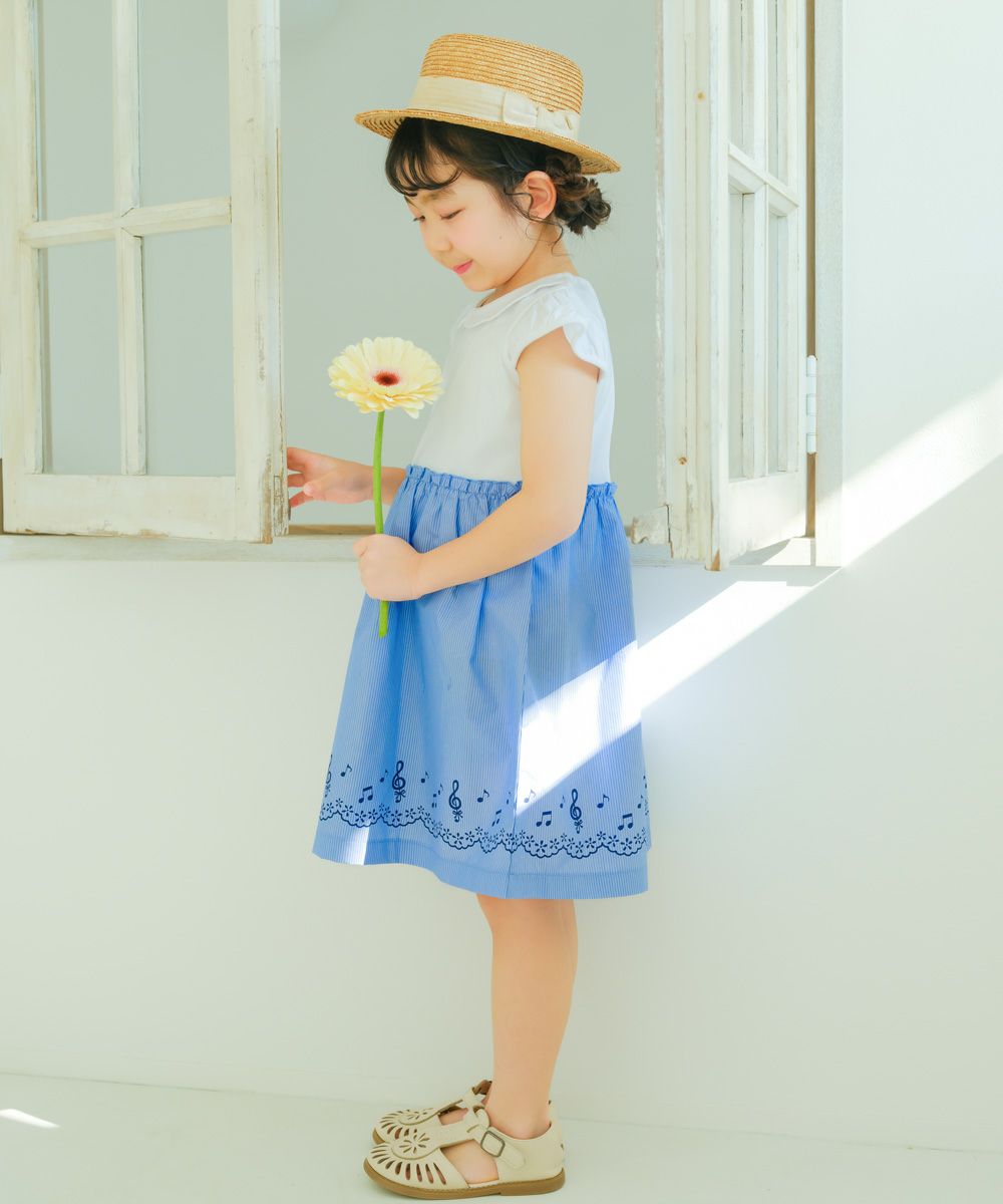 子供服 女の子 ストライプ柄音符プリント襟付きドッキングワンピース ブルー(61) 