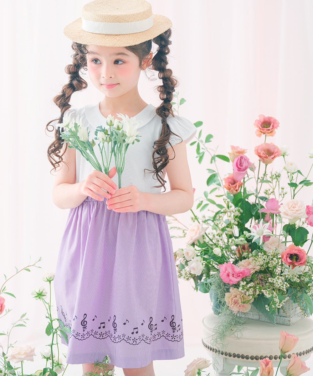子供服 女の子 ストライプ柄音符プリント襟付きドッキングワンピース ブルー(61) 