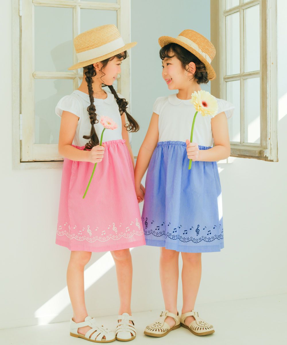 子供服 女の子 ストライプ柄音符プリント襟付きドッキングワンピース ブルー(61) 