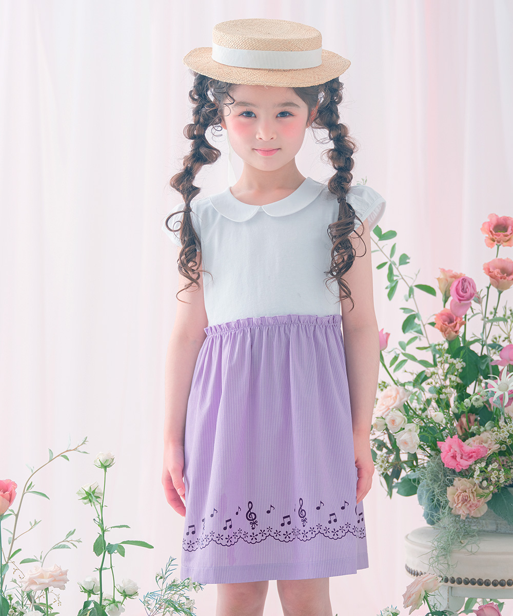 子供服 女の子 ストライプ柄音符プリント襟付きドッキングワンピース ブルー(61) 