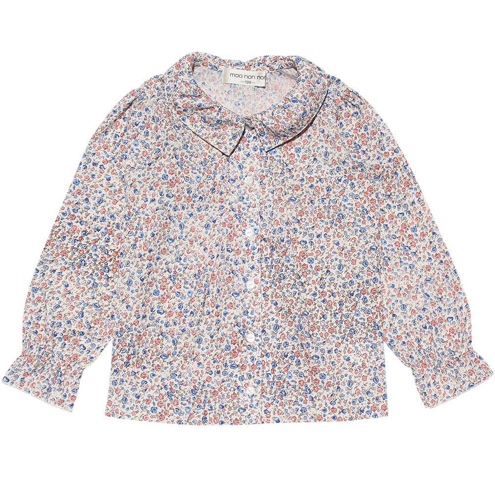 子供服 女の子 小花柄ギャザー襟付きフリル袖ブラウス ブルー(61) 正面