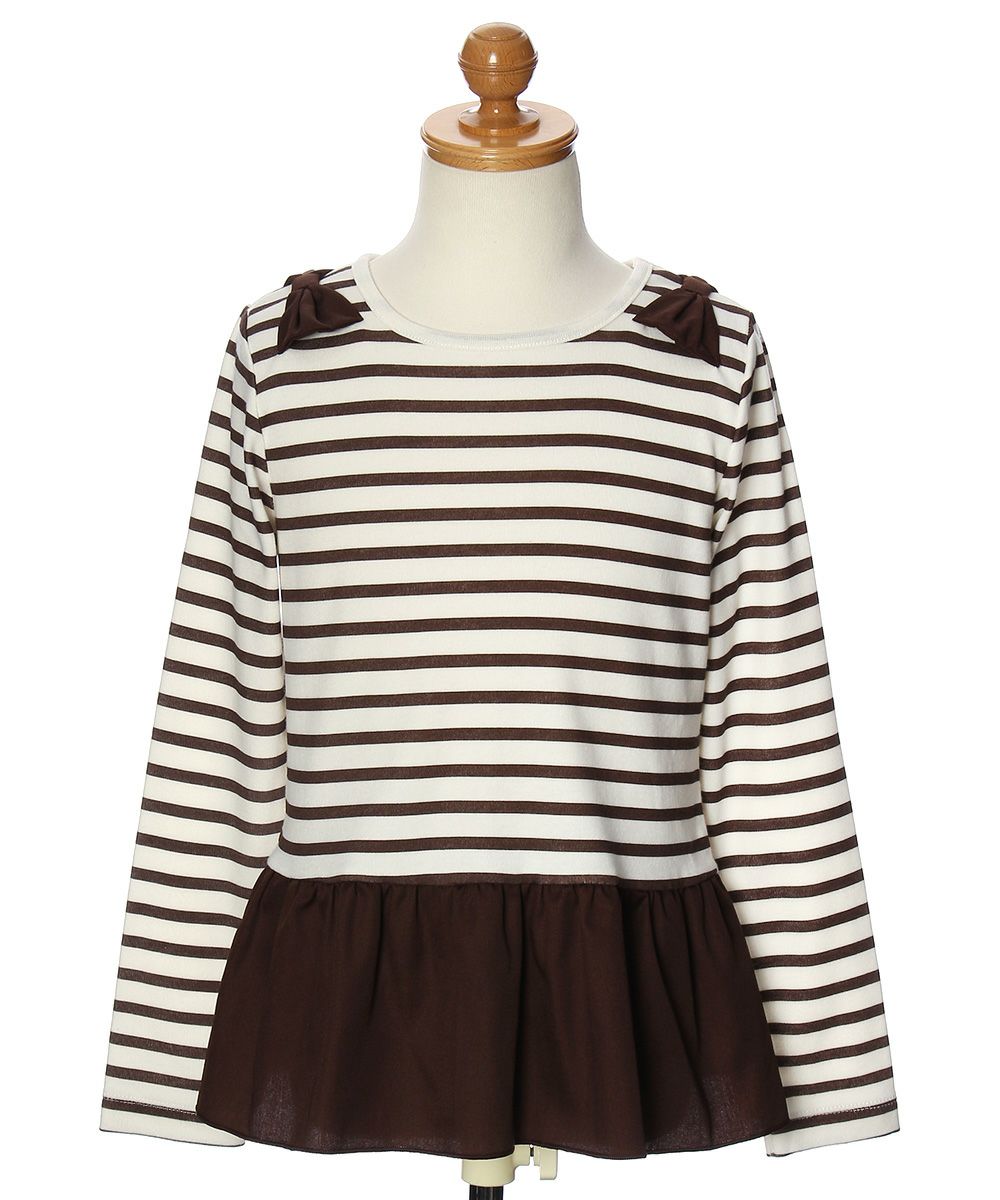 子供服 女の子 ボーダー柄リボンつきフリル切り替えTシャツ ブラウン(05) トルソー正面