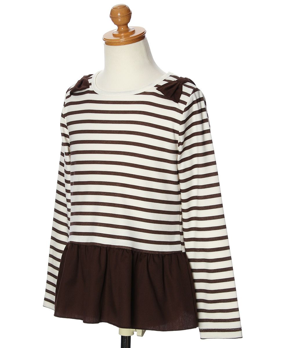 子供服 女の子 ボーダー柄リボンつきフリル切り替えTシャツ ブラウン(05) トルソー斜め