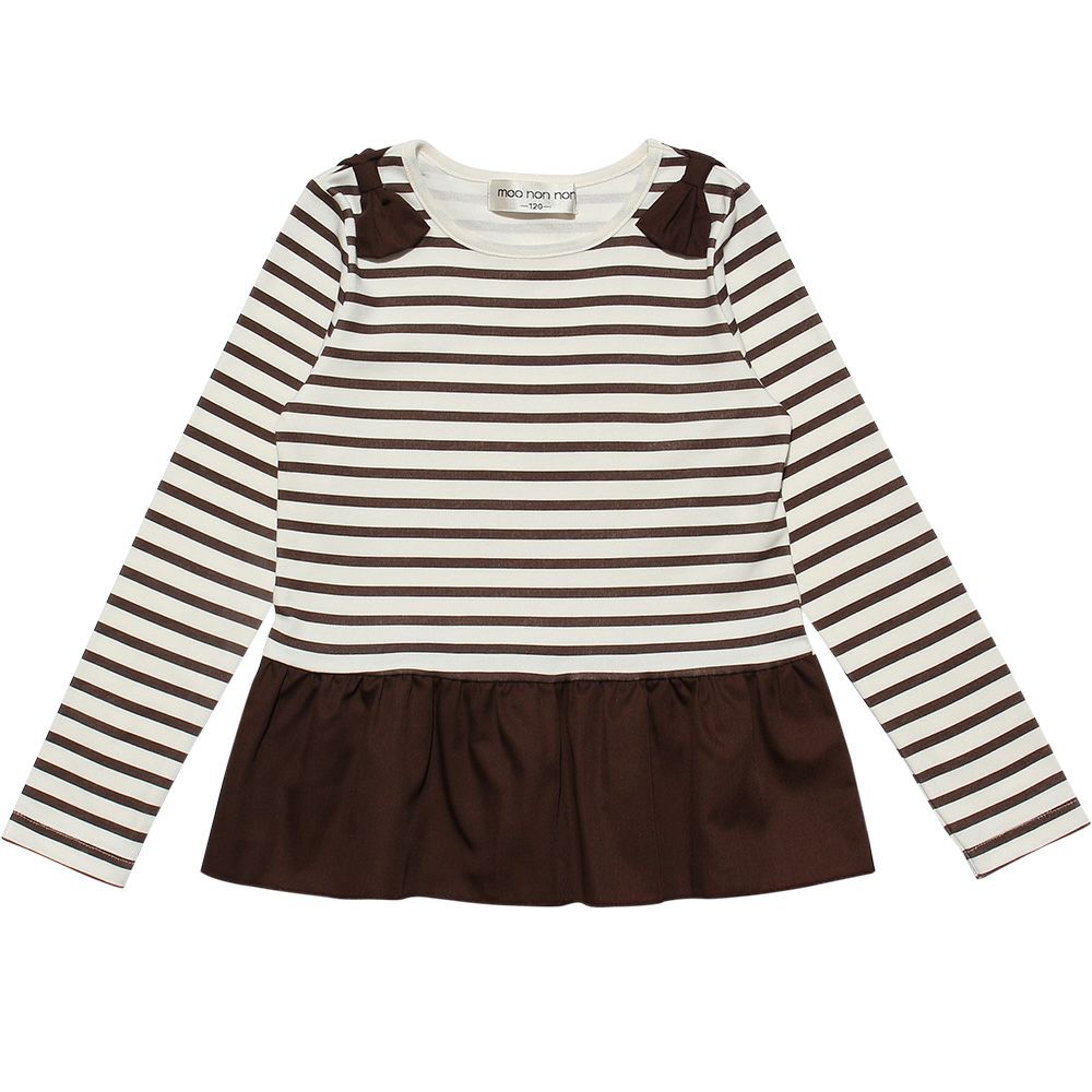 子供服 女の子 ボーダー柄リボンつきフリル切り替えTシャツ ブラウン(05) 正面