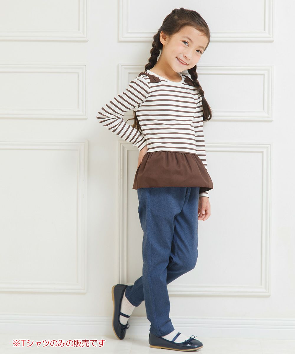 子供服 女の子 ボーダー柄リボンつきフリル切り替えTシャツ ブラウン(05) モデル画像全身