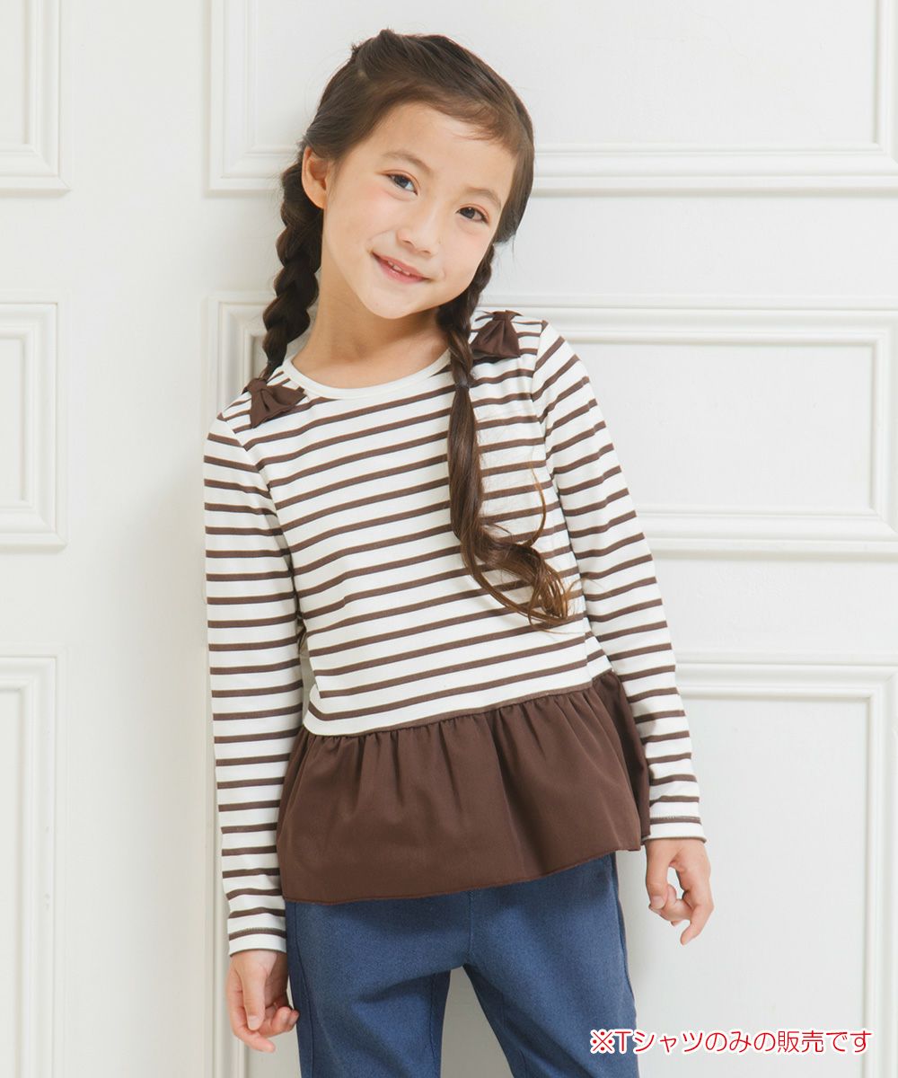 子供服 女の子 ボーダー柄リボンつきフリル切り替えTシャツ ブラウン(05) モデル画像1