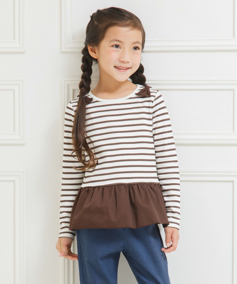子供服 女の子 ボーダー柄リボンつきフリル切り替えTシャツ ブラウン(05) モデル画像2
