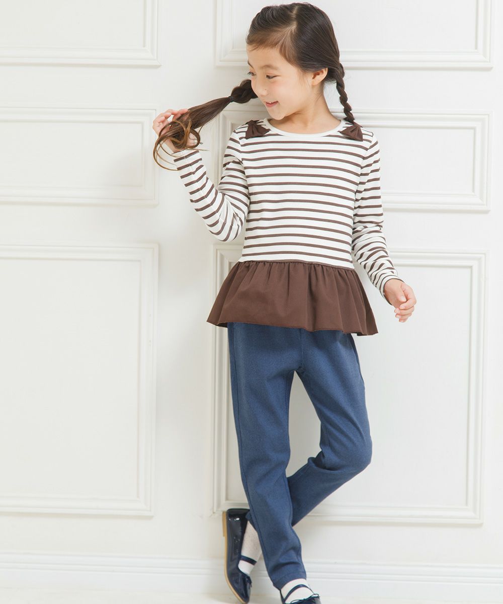 子供服 女の子 ボーダー柄リボンつきフリル切り替えTシャツ ブラウン(05) モデル画像3