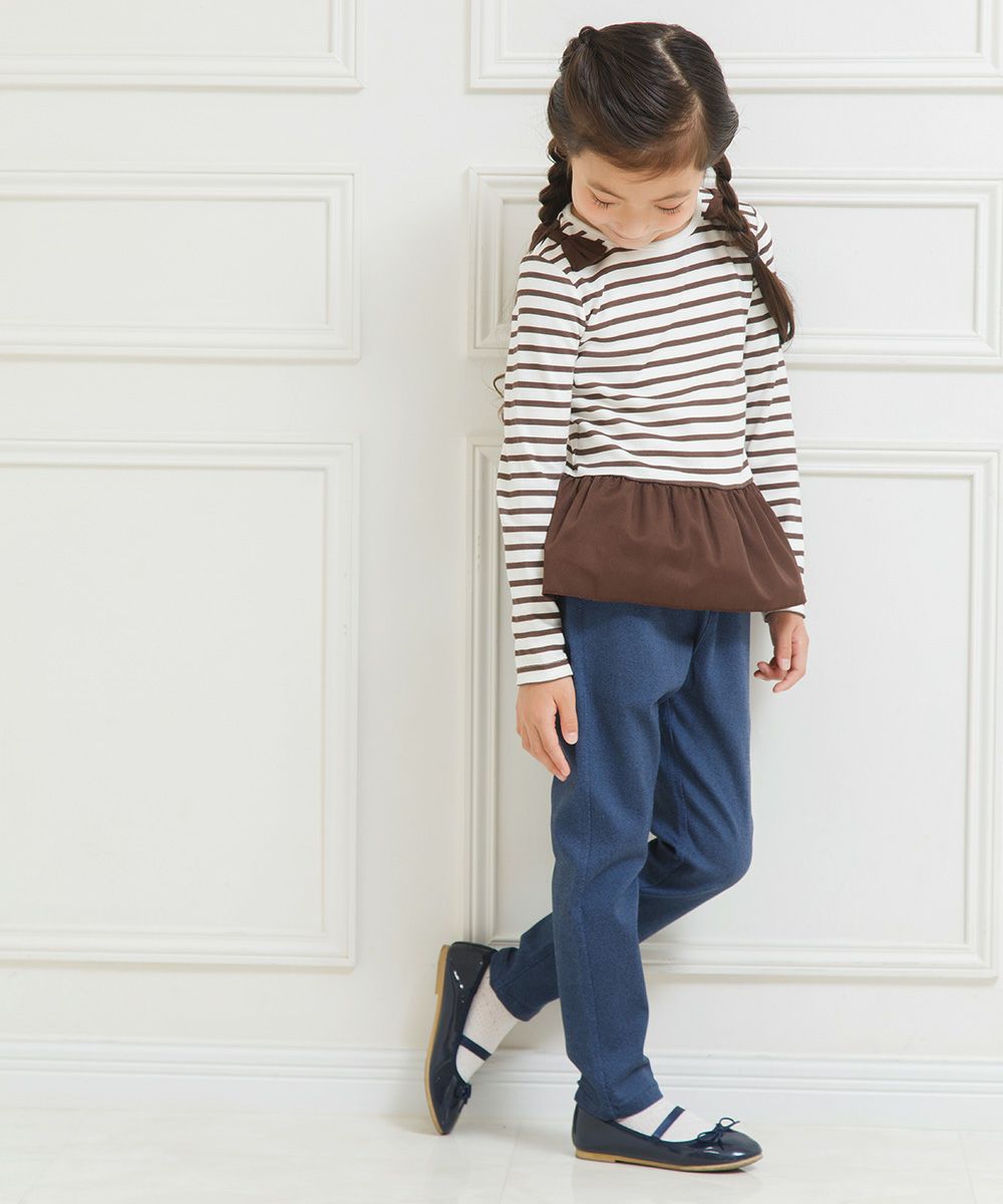 子供服 女の子 ボーダー柄リボンつきフリル切り替えTシャツ ブラウン(05) モデル画像4