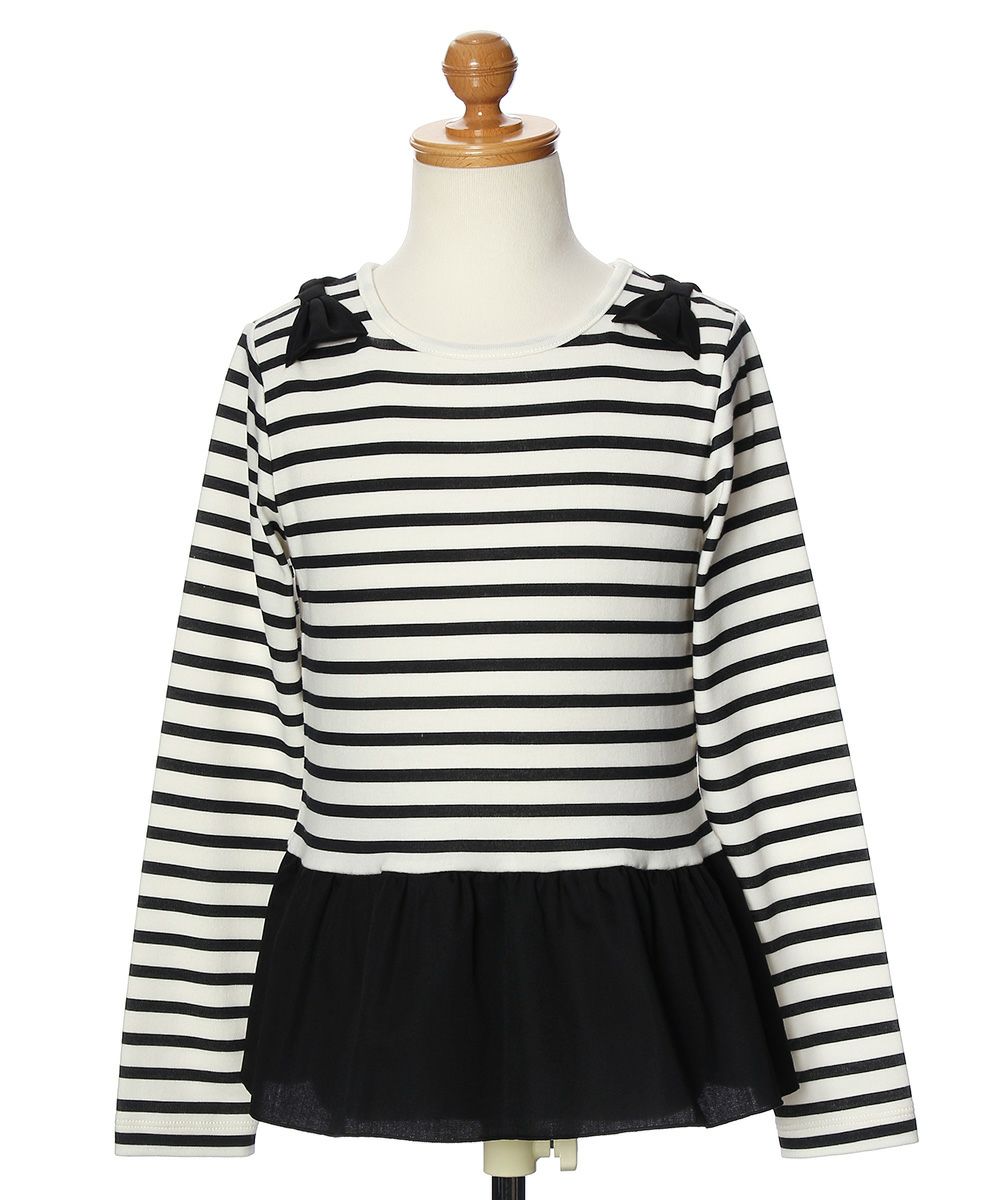 子供服 女の子 ボーダー柄リボンつきフリル切り替えTシャツ ホワイト×ブラック(10) トルソー正面