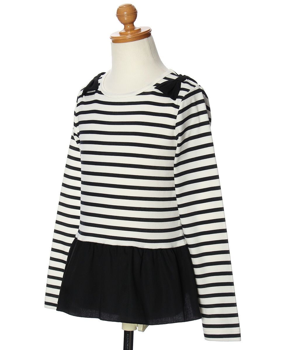 子供服 女の子 ボーダー柄リボンつきフリル切り替えTシャツ ホワイト×ブラック(10) トルソー斜め