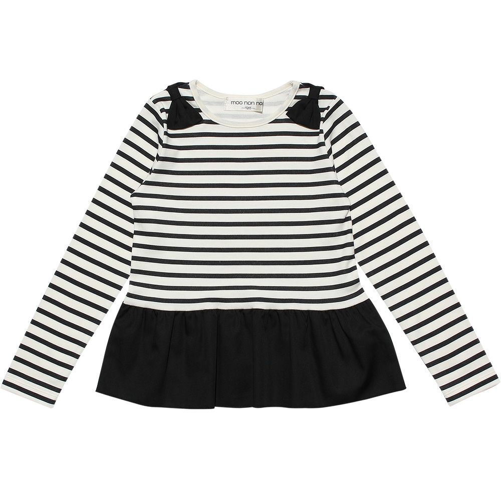 子供服 女の子 ボーダー柄リボンつきフリル切り替えTシャツ ホワイト×ブラック(10) 正面