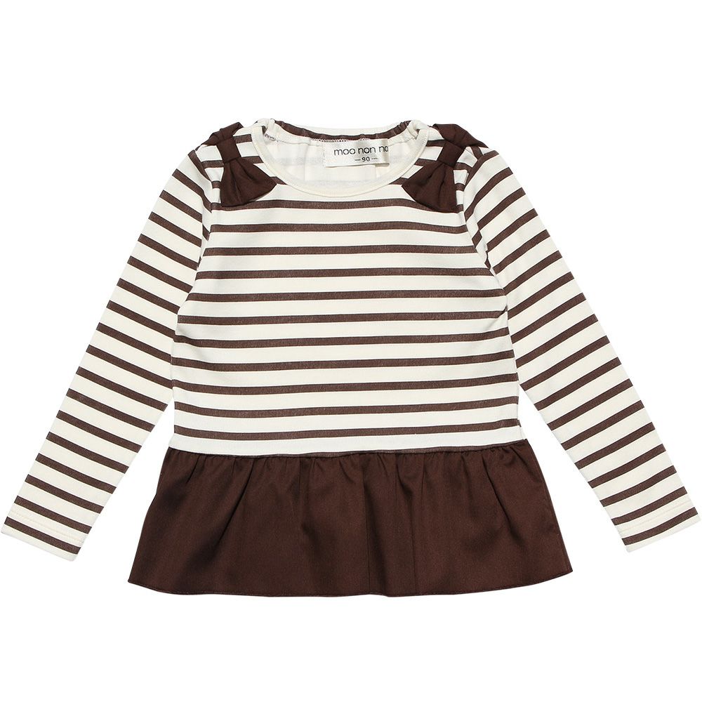 ベビー服 女の子 ベビーサイズボーダー柄リボンつきフリルTシャツ ブラウン(05) 正面