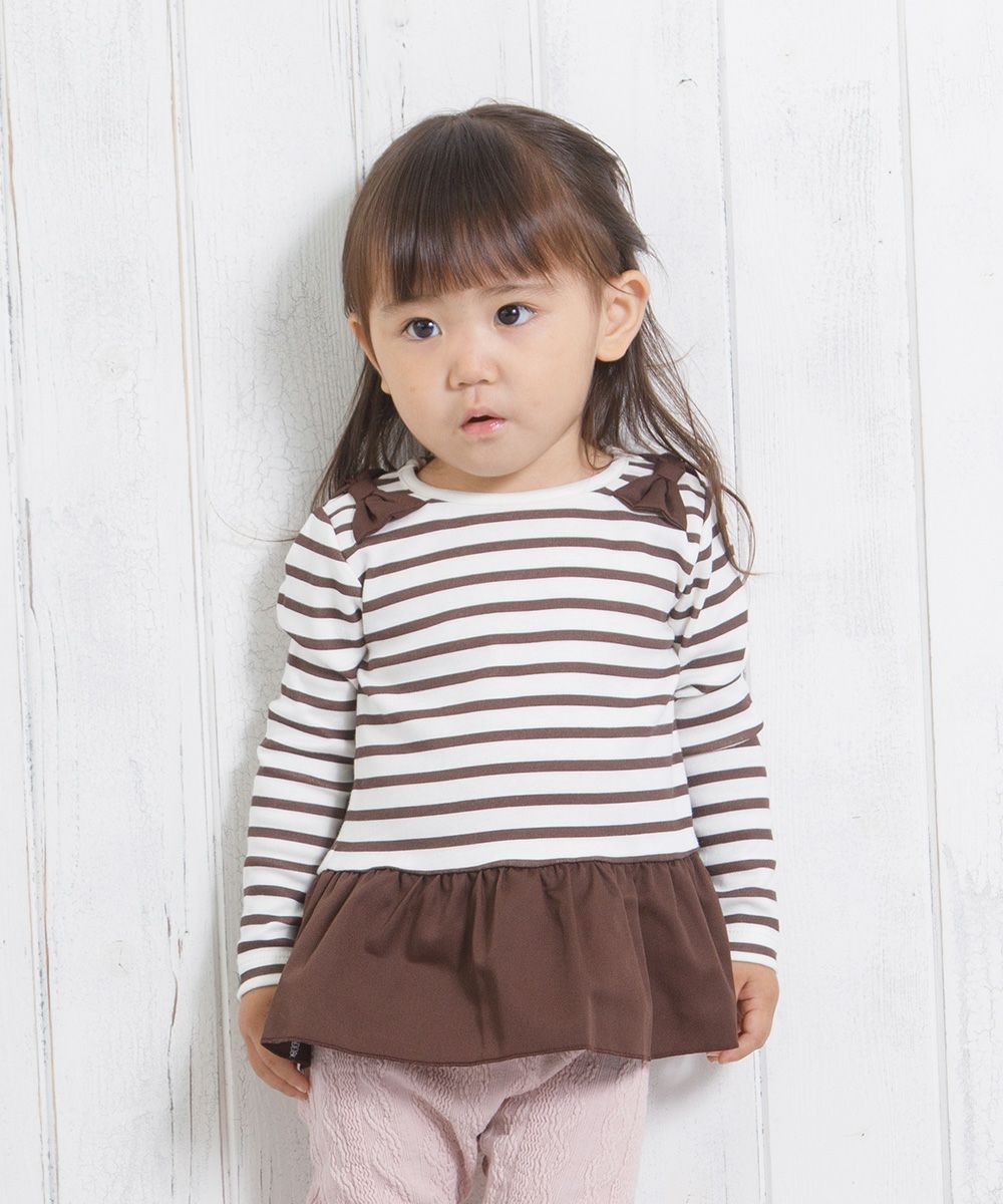 ベビー服 女の子 ベビーサイズボーダー柄リボンつきフリルTシャツ ブラウン(05) モデル画像アップ