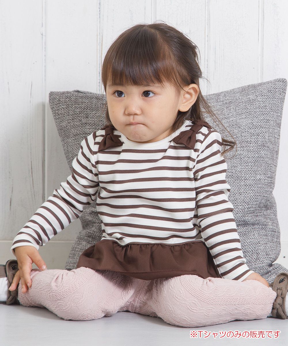 ベビー服 女の子 ベビーサイズボーダー柄リボンつきフリルTシャツ ブラウン(05) モデル画像1