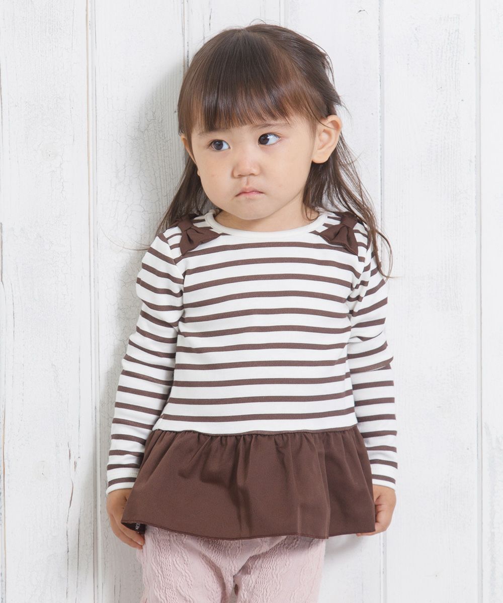 ベビー服 女の子 ベビーサイズボーダー柄リボンつきフリルTシャツ ブラウン(05) モデル画像2