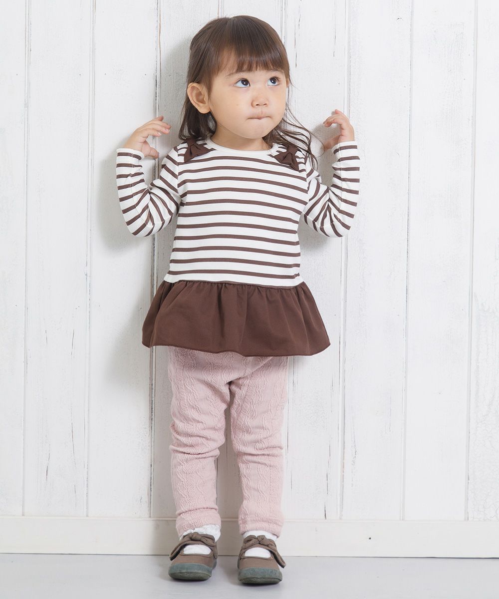 ベビー服 女の子 ベビーサイズボーダー柄リボンつきフリルTシャツ ブラウン(05) モデル画像4