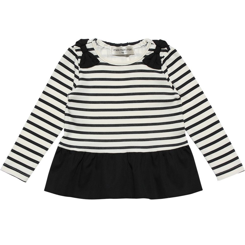 ベビー服 女の子 ベビーサイズボーダー柄リボンつきフリルTシャツ ホワイト×ブラック(10) 正面