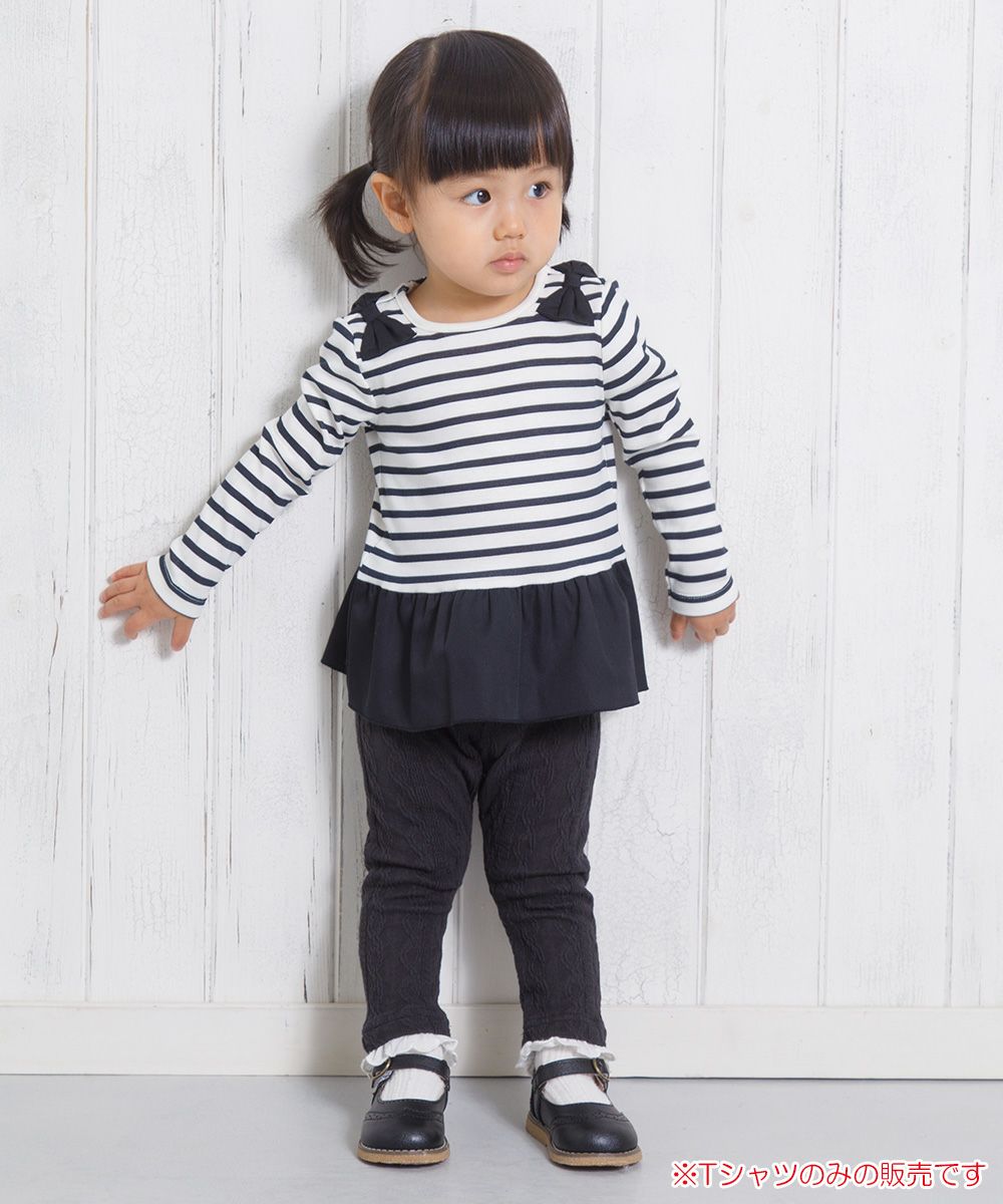 ベビー服 女の子 ベビーサイズボーダー柄リボンつきフリルTシャツ ホワイト×ブラック(10) モデル画像全身