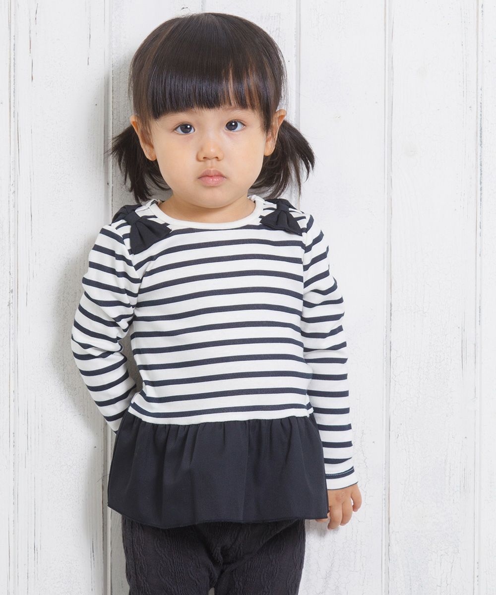 ベビー服 女の子 ベビーサイズボーダー柄リボンつきフリルTシャツ ホワイト×ブラック(10) モデル画像3