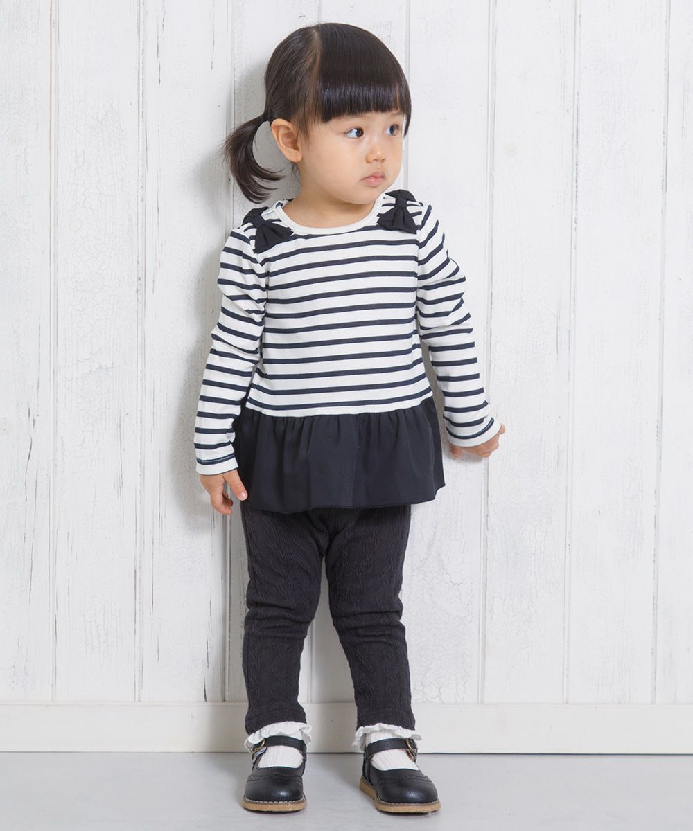 ベビー服 女の子 ベビーサイズボーダー柄リボンつきフリルTシャツ ホワイト×ブラック(10) モデル画像4