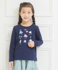 子供服 女の子 バレエモチーフ＆リボン＆お花付き裏毛トレーナー ネイビー(06) モデル画像アップ