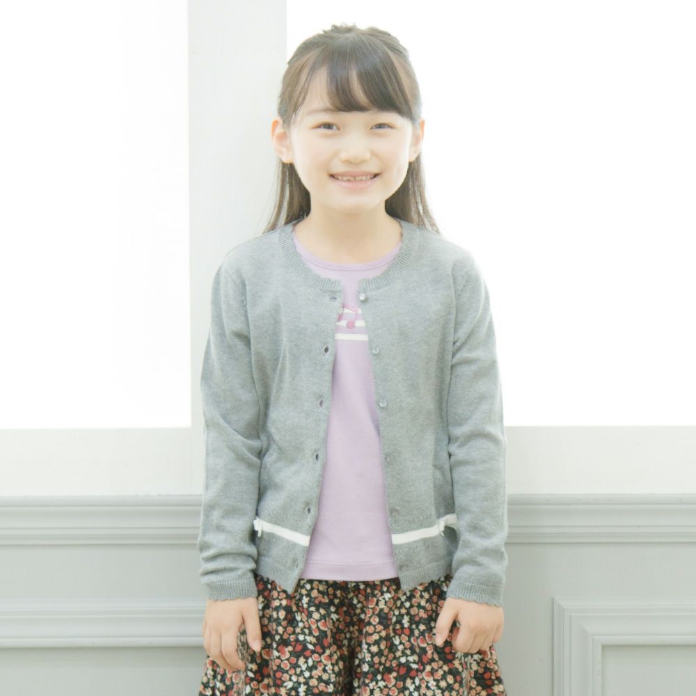 子供服 女の子 綿100％ライン＆リボン付きカーディガン 杢ｸﾞﾚｰ(92) モデル画像アップ