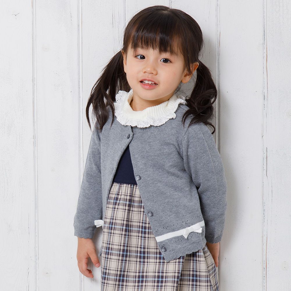 子供服 女の子 綿100％ライン＆リボン付きカーディガン 杢ｸﾞﾚｰ(92) モデル画像3